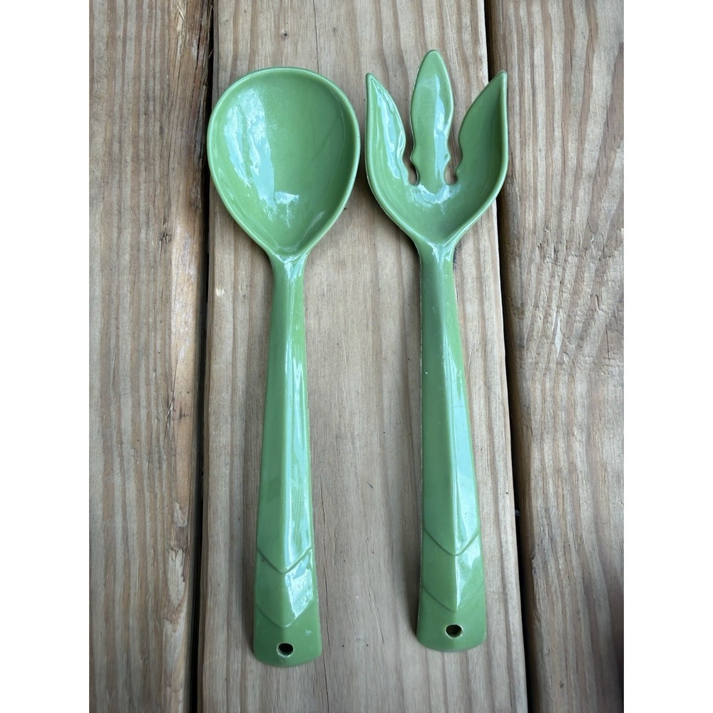 Two Vintage  Melamine Kitchen Utensils Spork Spoon Green Serving Set